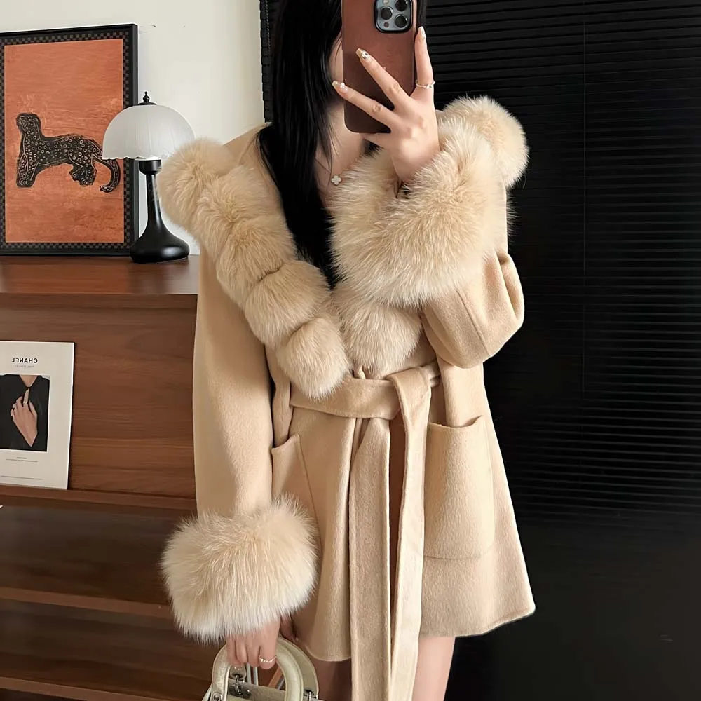 

Fox Fur Detachable Cuffs Hooded Long Sleeve Mid-Length Women's Double-faced Woolen Coat