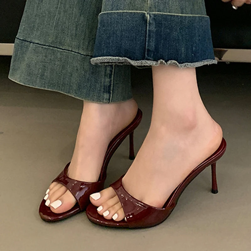 

Wine Red Patent Leather Women Slippers Sandals Fashion Round Open Toe Thin High Heels Mules Slides Summer Party Dress Shoes