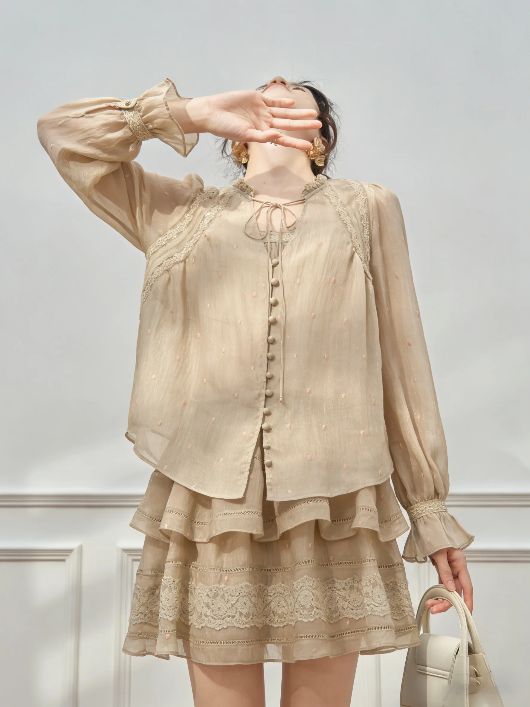 

Chic Khaki Polka Dot Embroidered Lace Shirt Top Half Skirt Spring Two Piece Set Women's Fashion Casual Loose Fit V Neck Butto...