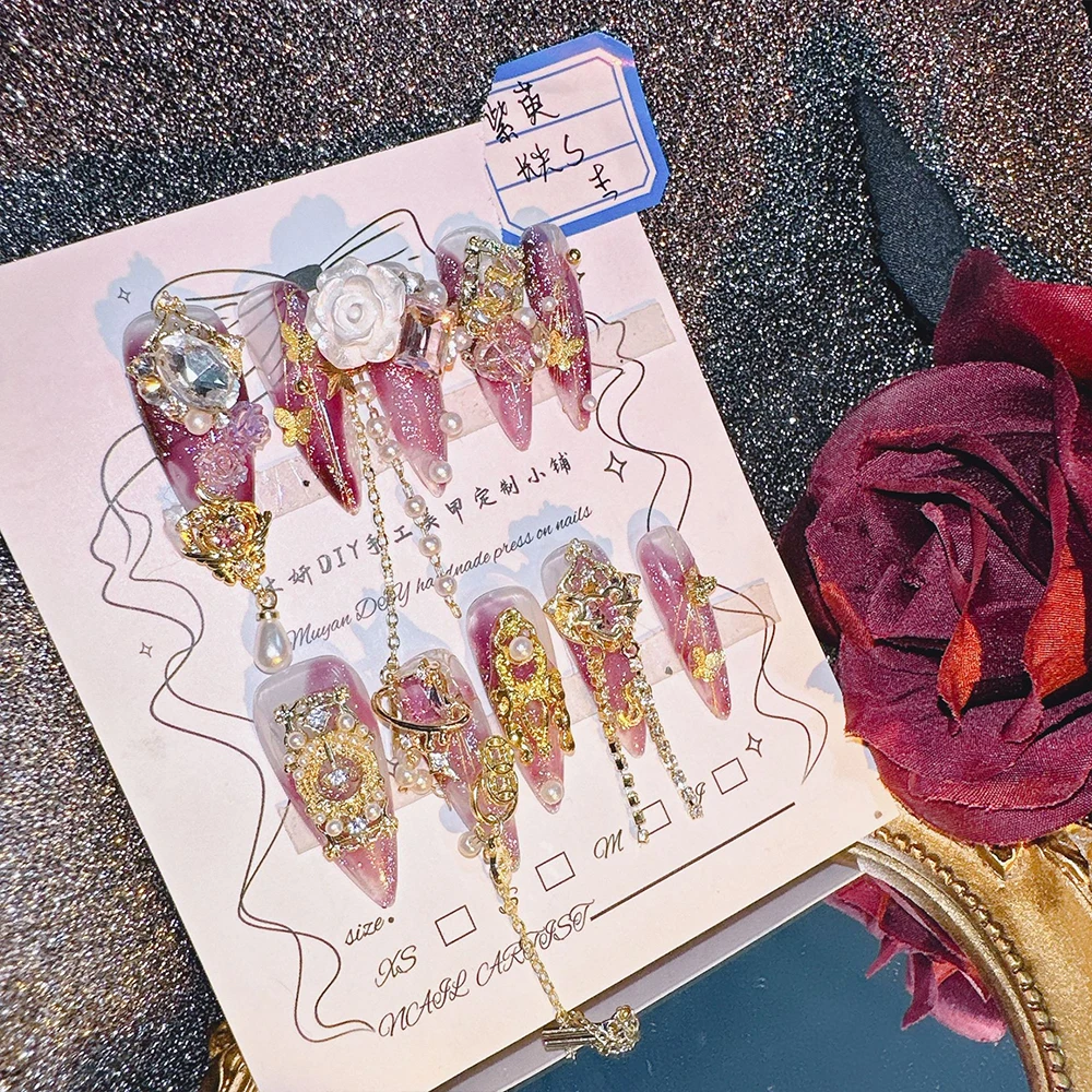 

10 шт. высококачественных накладных ногтей ручной работы: фиолетовый нефрит, благородный, элегантный, роскошный, в стиле «Цветочный Бог», нишевый дизайн, с декором из страз