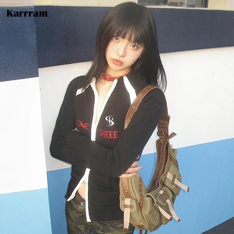 Karrram Japanese Y2k Zip-up Cardigan Vintage Korean Fashion Knitted Outerwears 2000s Grunge Aesthetics Knitwear American Retro