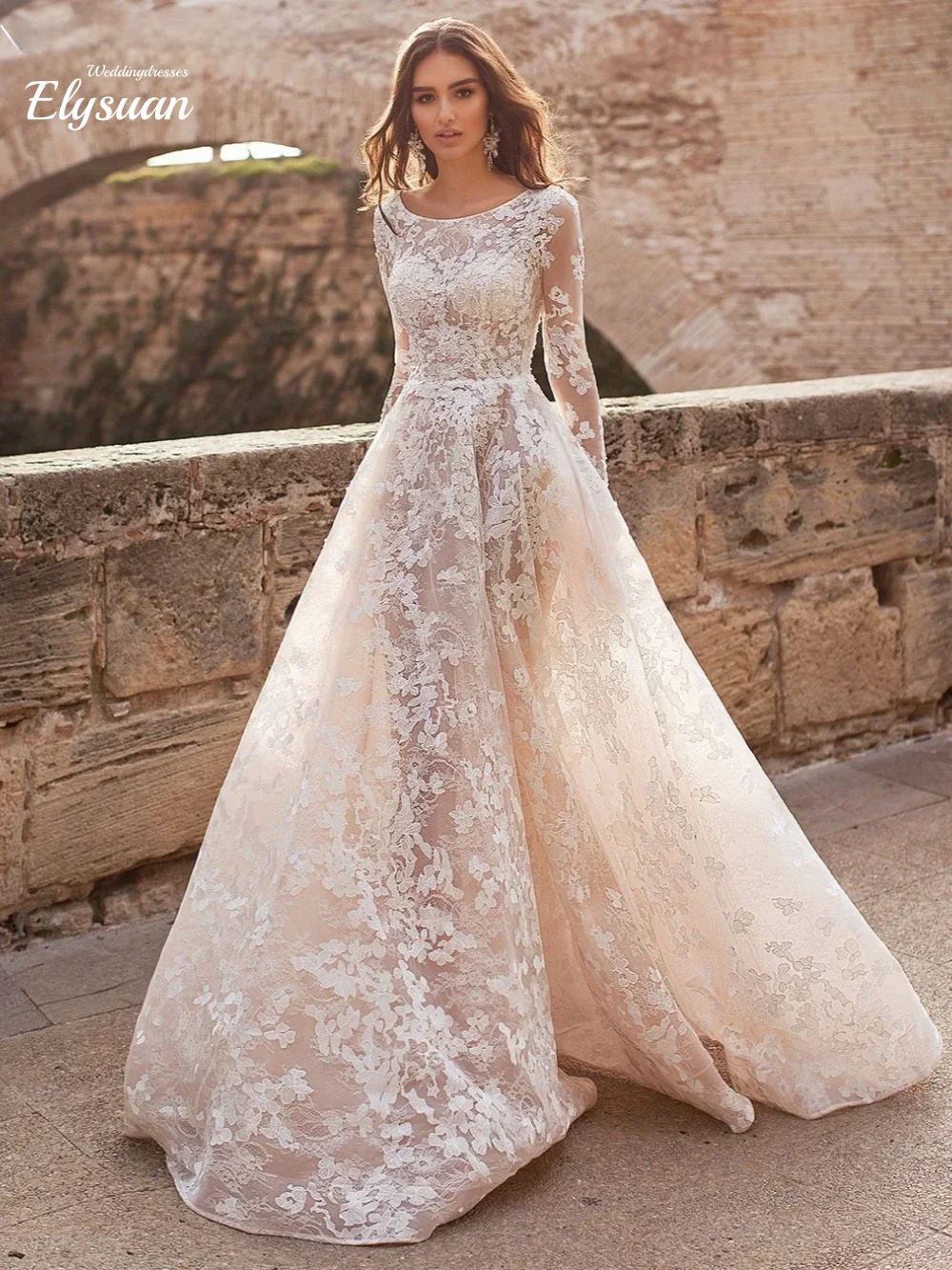 

Свадебное платье с круглым вырезом и длинными рукавами, классическое, с кружевными аппликациями, элегантное, для невесты, Vestidos De Novia