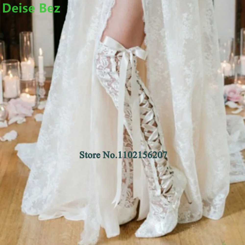 

White Over-the-Knee Mesh Boots For Female Women 2024 New Pointed Toe Thin High Heel Side Lace-up Sweet Fashion Runway Shoes