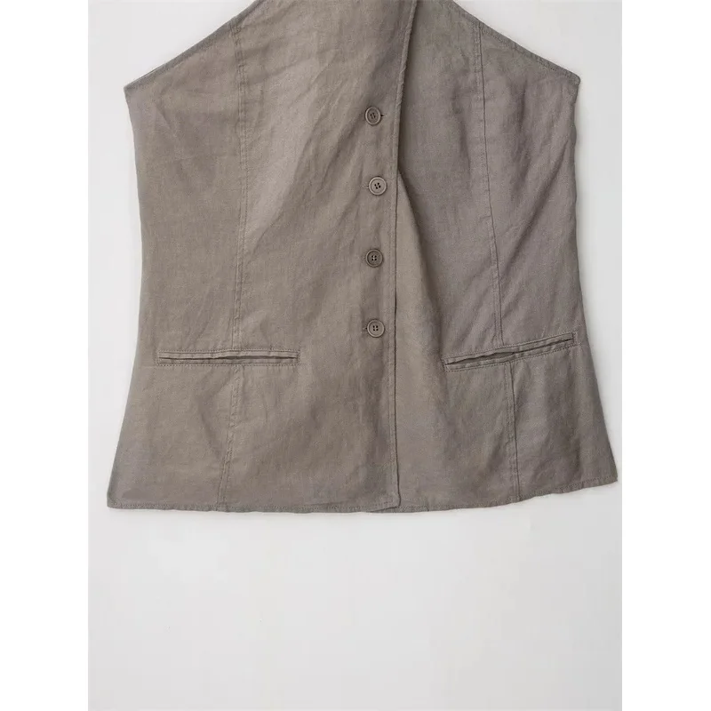 Slim Fit Halter Neck Vest Top for Women with Retro Cotton Linen Skirt Set Sleeveless Chic Summer Fashion Top And Skirt Ensemble
