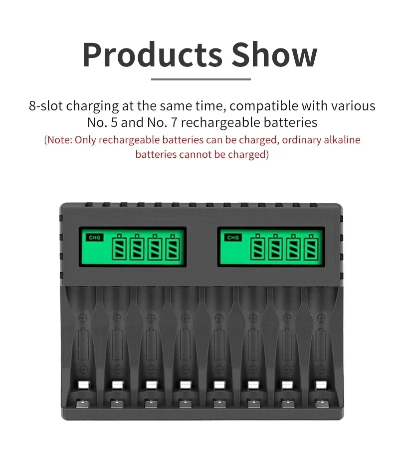 Aa Aaa Charger Display 8 Slots NiCd/NiMH Rechargeable Batteries USB Input Battery Charger Smart Battery Charger Size 5 and 7