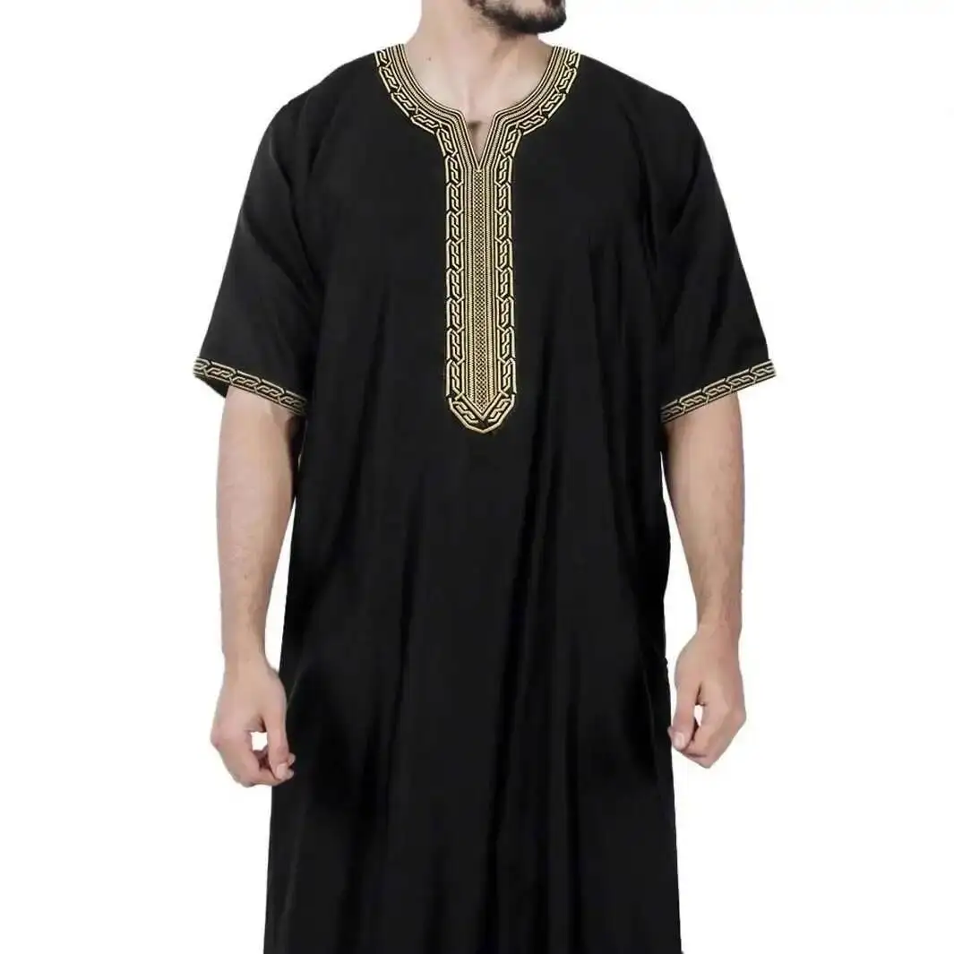 

Мужская мусульманская роба 2026 с коротким рукавом, вышивкой и боковыми карманами, марокканская абайя, элегантная исламская одежда класса люкс для Рамадана, Дубай