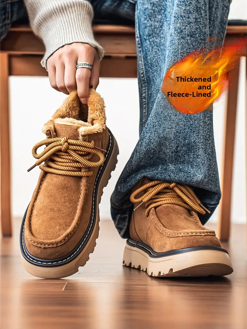 Men's Winter  Boots High Top Cotton Shoes Warm Fleece Lined British Style Flip Leather Shoes Anti-slip Wear-resistant T...