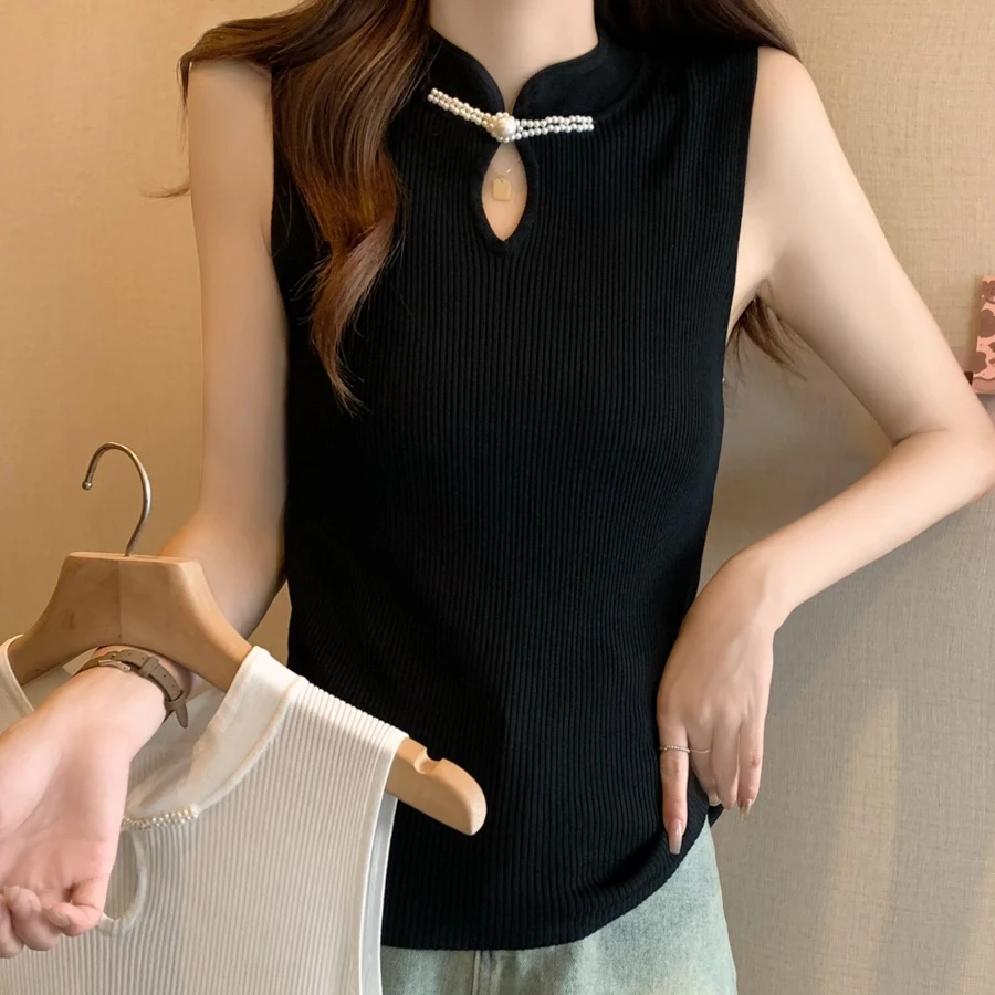 Sueter Feminino Nuovo maglione lavorato a maglia senza maniche Pullover da donna Colletto alla coreana bianco Perline Maglione lavorato a maglia Pullover Donna Top Q2460