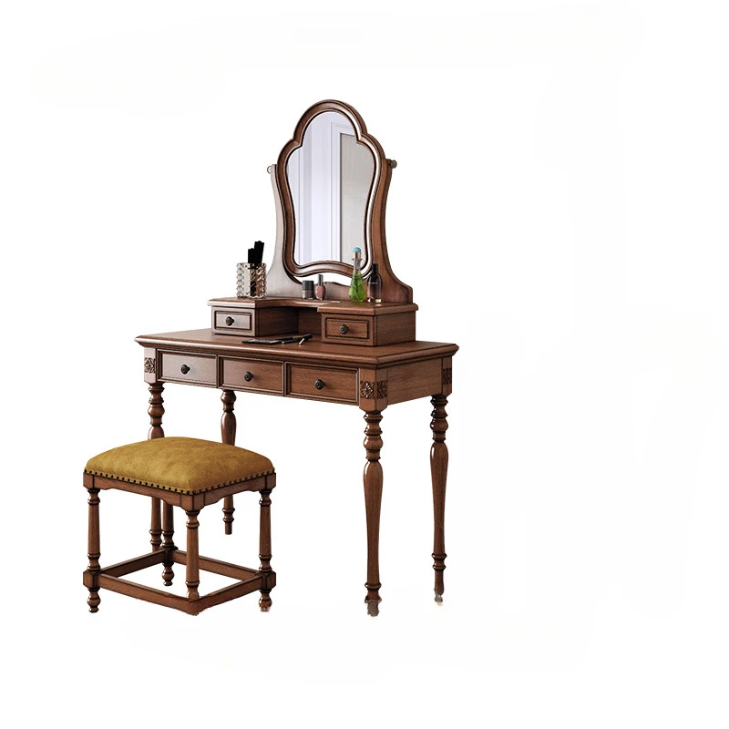 Country Solid Wood Dressing Table Combination Log Bedroom Makeup Table Mirror Dressing Stool Wooden Furniture