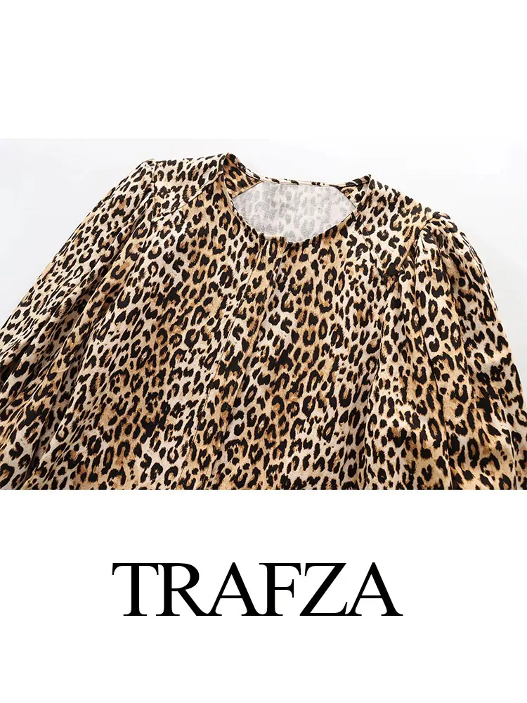 TRAFZA Women Fashion Vintage Leopard Print Blouse Single Breasted O Neck Long Sleeve Shirts Y2k Summer Female Chic Top