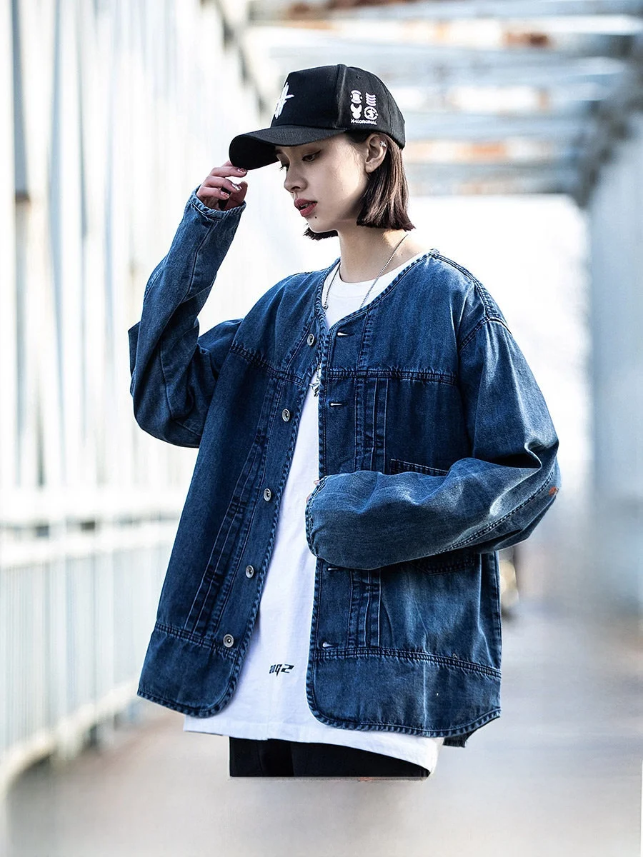 Xiaobin Retro Japanese Style Washed Denim Jacket Slim Fit Lightweight No Collar Spring Autumn Season Couple's Workwear Top