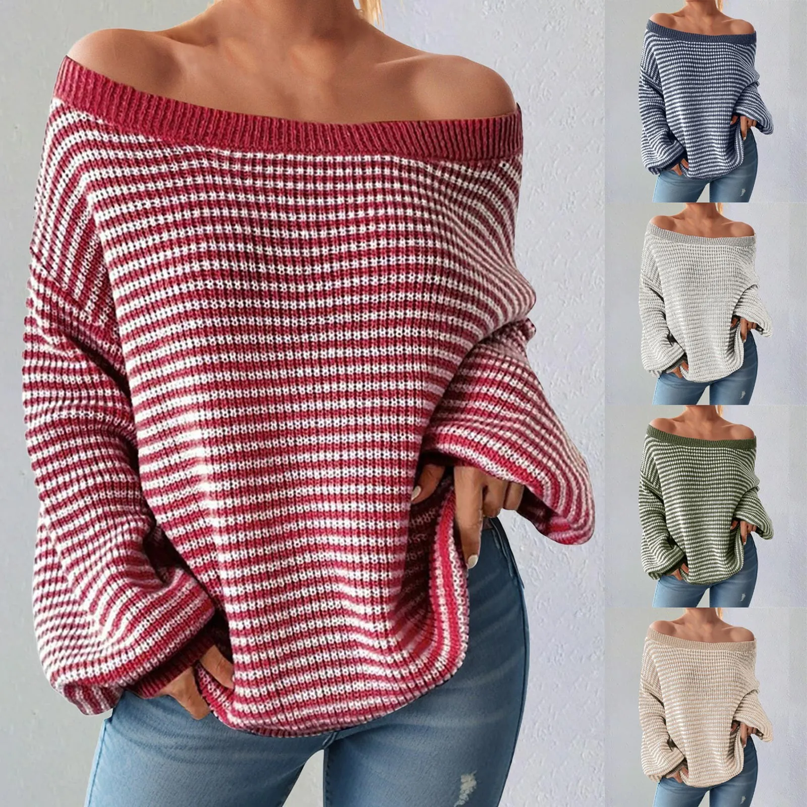 Loose Sweater for Women Off The Shoulder Long Sleeve Oversized Striped Lightweight Pullover Tops Oversized Autumn Winter Tops