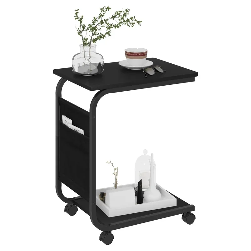 Table on Wheels Side Table with 2 Shelves 1 Side Pocket Storage Corner Table for Sofa Living Room Bedroom