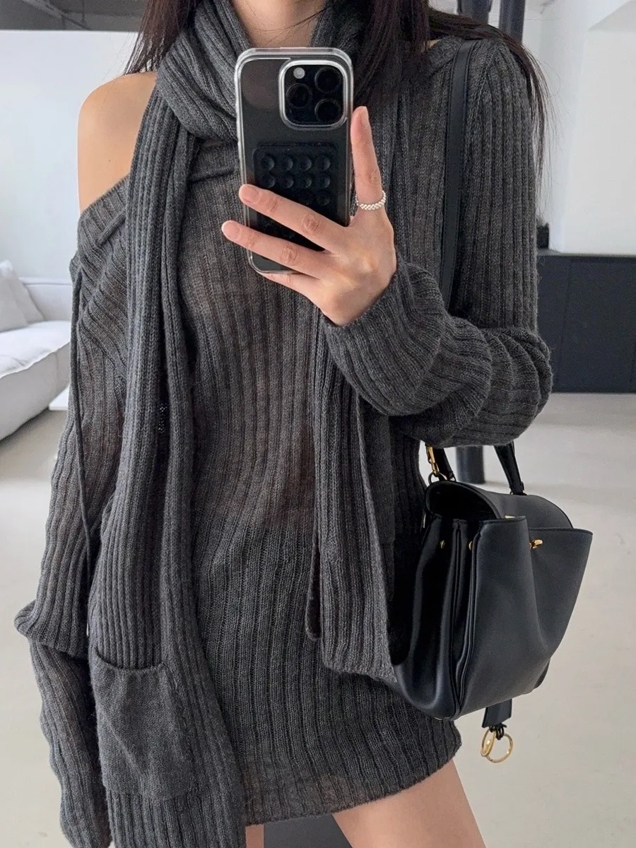 

Korean Sle Scarf ket Ne Hanging Faion One oulder Slim Knitted Sweater Beautiful Set Combination Autumn Winter New ...