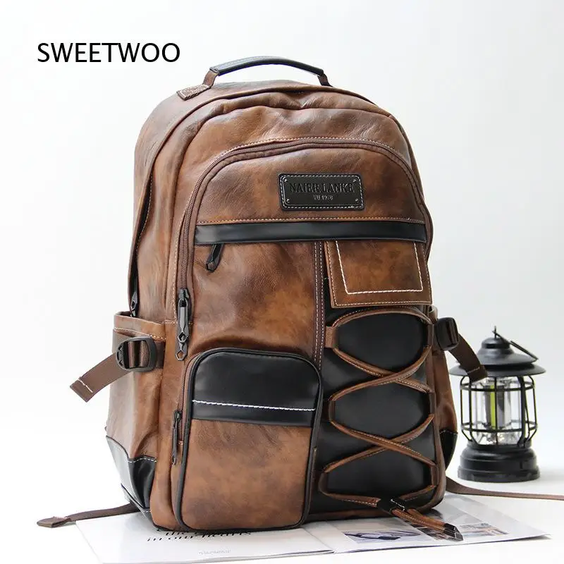 Men Brown Color Block Faux Leather Backpack Vintage Laptop Rucksack Casual Travel School Daybag with Multiple Pockets