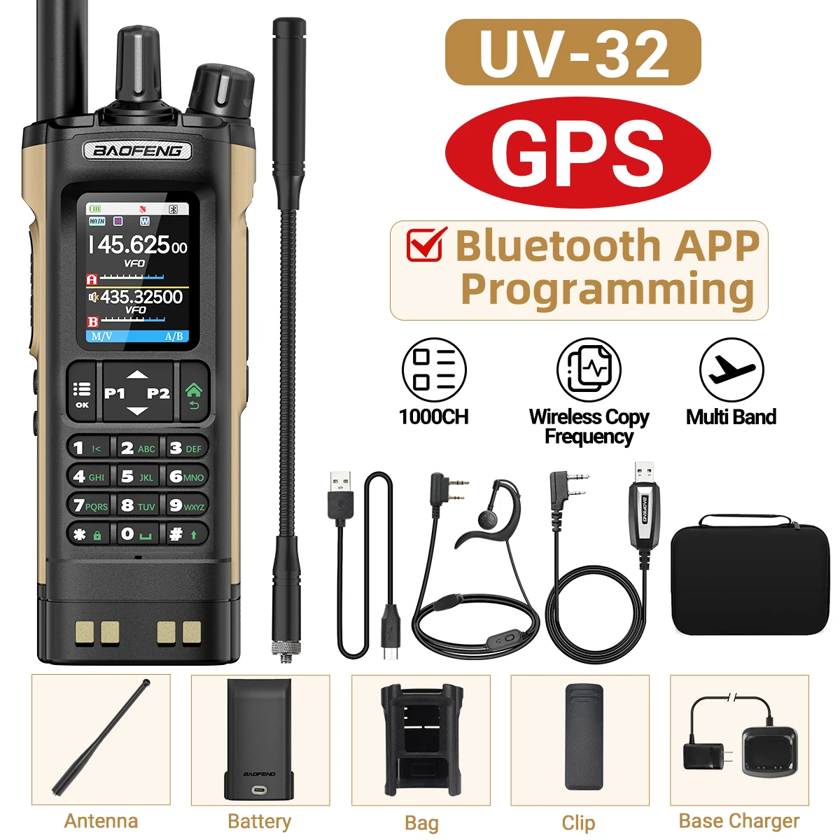 BAOFENG UV-32 GPS Air Band Walkie Talkie Lange afstand 10W Multi Band Bluetooth Programmering Draadloze kopieerfrequentie Tweerichtingsradio