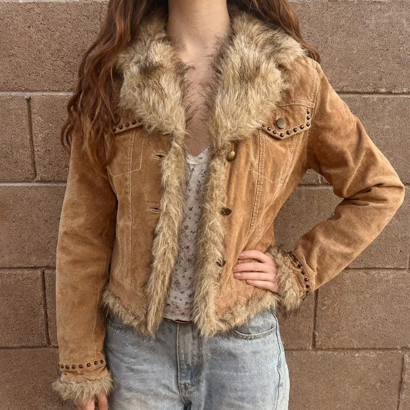 

Retro Patchwork Cardigan Short Slim Fit Fur Collar Top For Women's Autumn Winter New Fashionable Temperament Khaki Slim Fit Coat