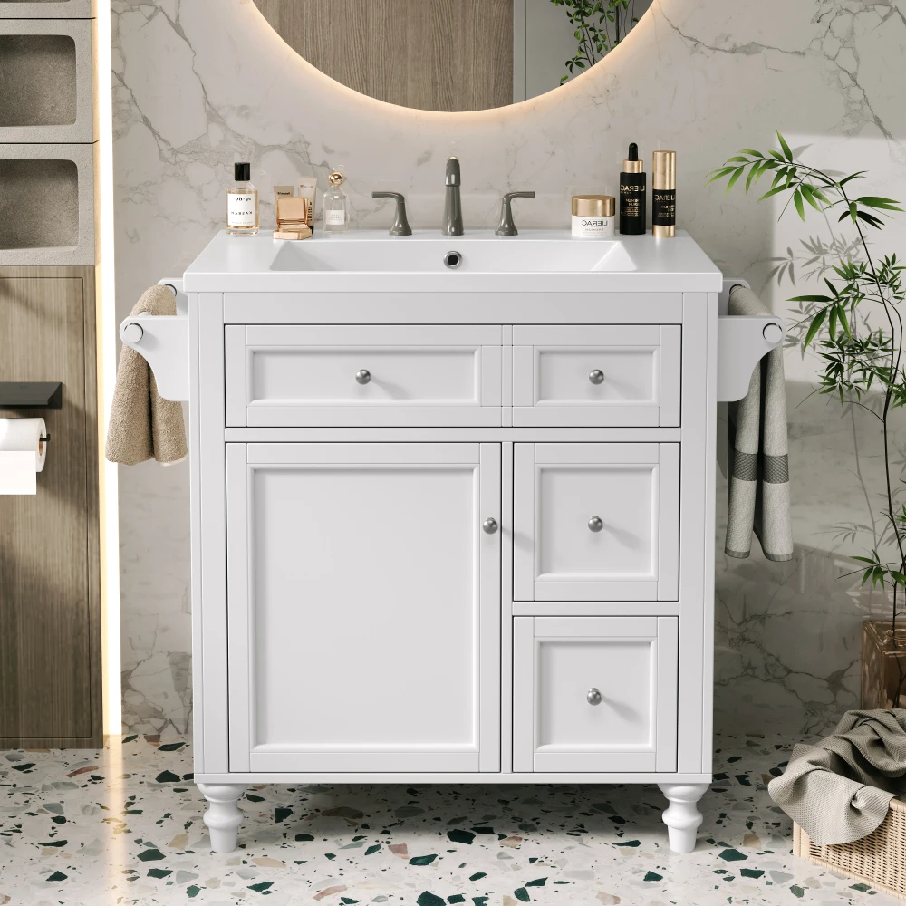 30'' Bathroom Vanity with Top Sink, Modern Bathroom Storage Cabinet with 2 Drawers and a Tip-out Drawer, Single Sink Bathroom