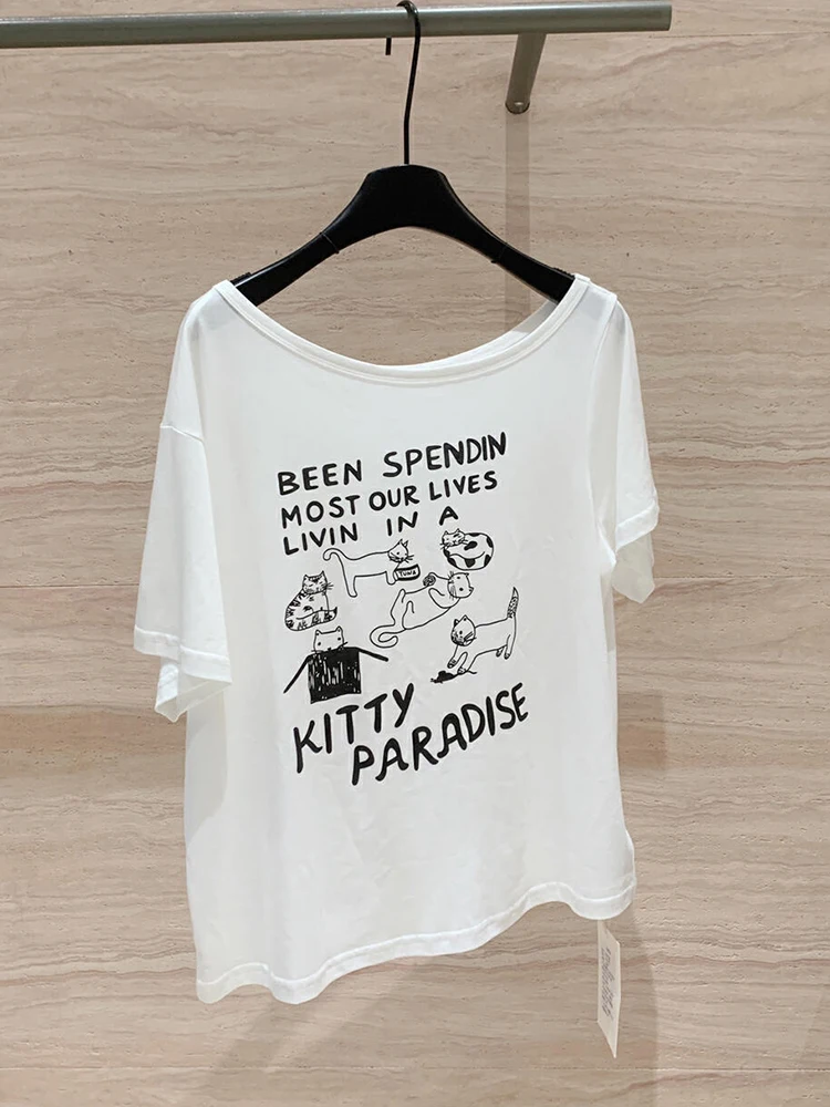 

Летняя женская футболка с косым воротником и короткими рукавами с рисунком букв, новая модная свободная повседневная футболка с наклонными плечами C262