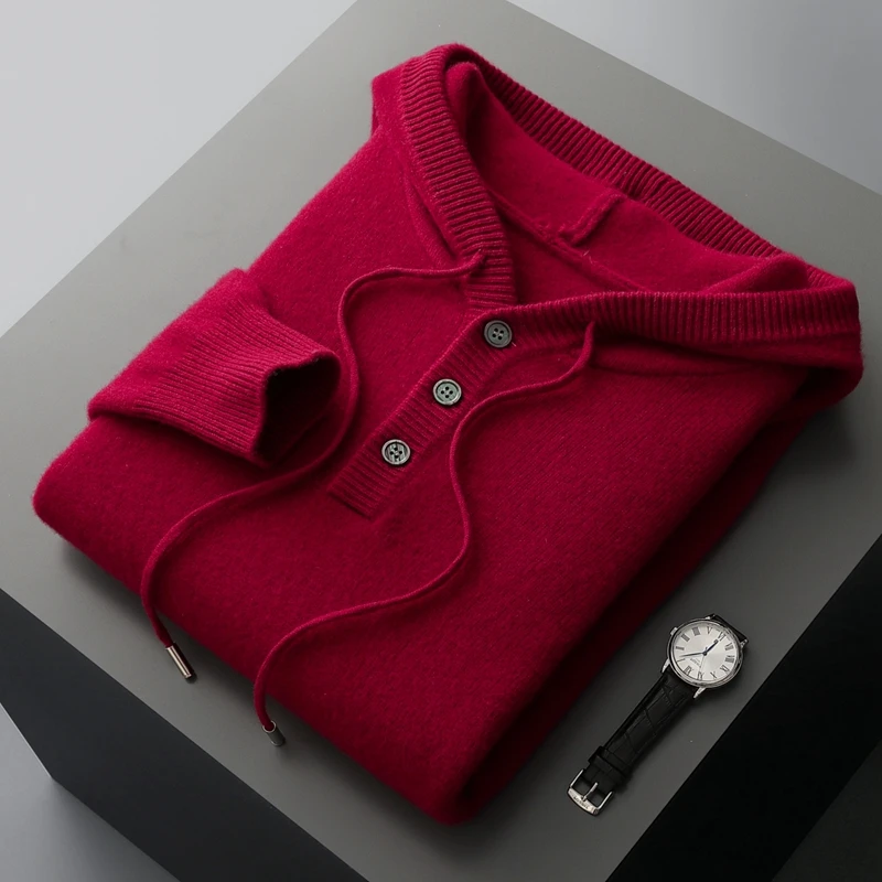 Autumn And Winter New Pure Wool Men's Hooded Sweater Thickened Warm Knit Loose Cashmere Bottoming Shirt