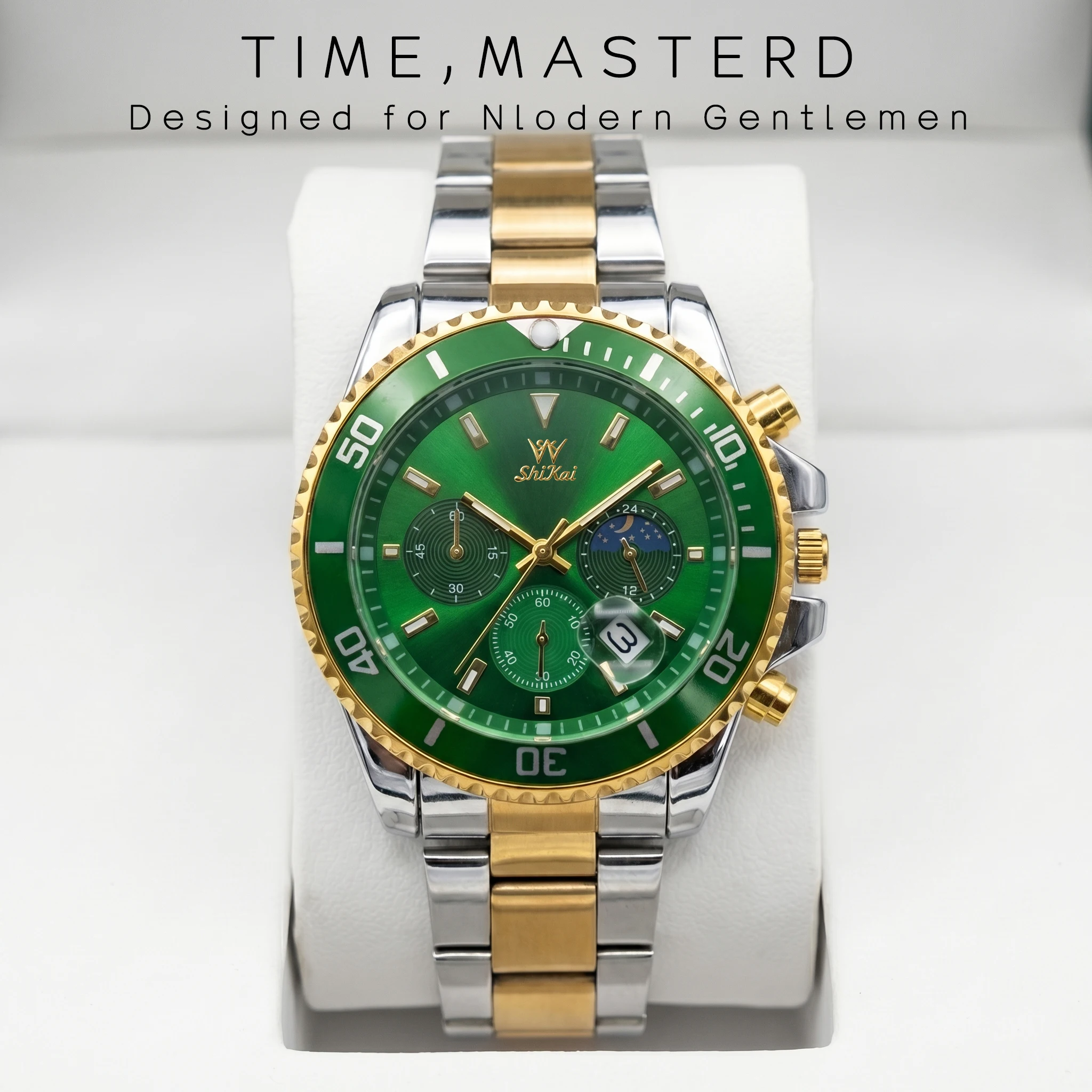 

Luxury Green Dial Men Watch Chronograph Stainless Steel Waterproof Quartz Luminous Date Business Sport Gift Box