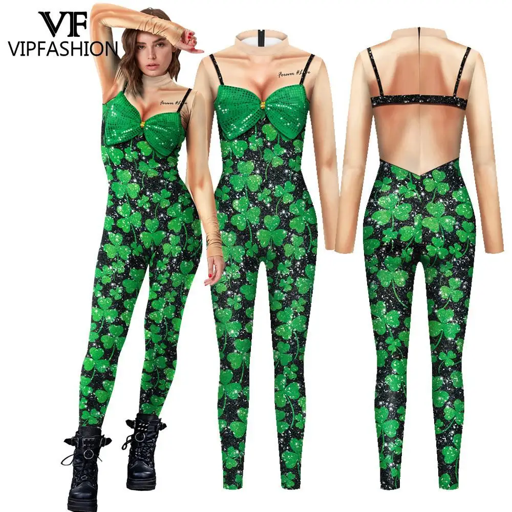 VIP FASHION Clover Printed Jumpsuit Women Lucky St. Patrick's Day Clothes Green Holiday Sexy Zentai Suit Long Sleeve Bodysuit