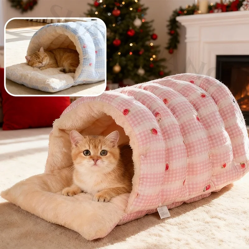 

All Season Enclosed Cat Bed Cute Winter Warm Pet Cave Detachable Washable Plush Fleece Lining for Small Dogs Cats Indoor Use
