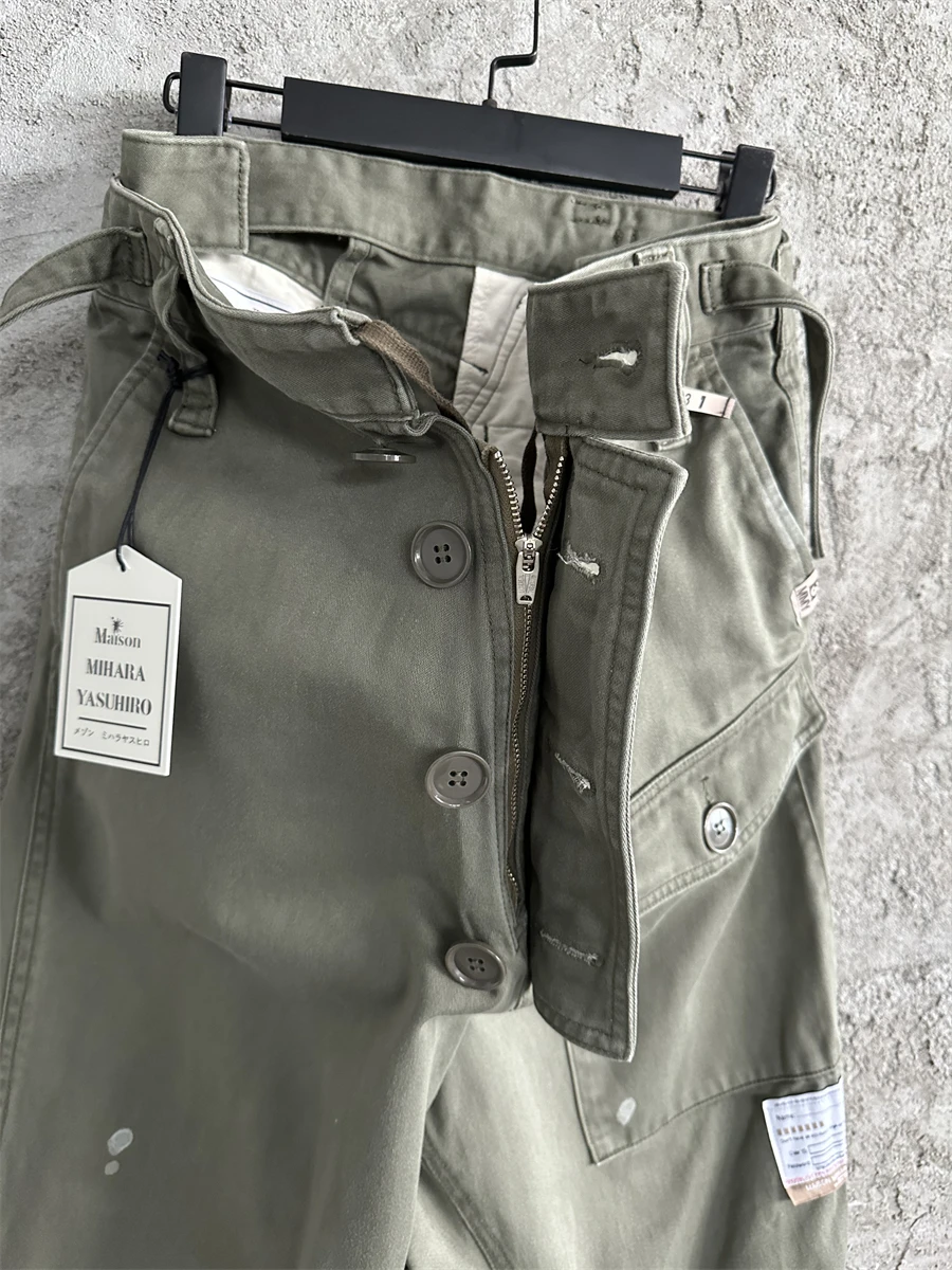 Deconstructing Multi-Pocket Splash-Ink Washed Distressed Wide-Leg Pants Outdoor Loose Overalls Army Green Retro Straight-Leg