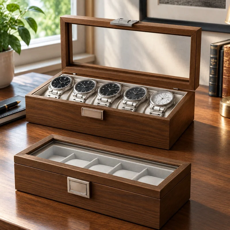 Black Walnut Wood Watch Organizer Box for Six Timepieces with Display Case Design