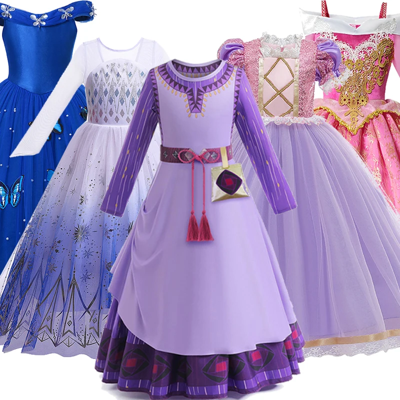 Disney New Movie Wish Asha Princess Dress Baby Girls Disney Princess Cosplay Costumes Frozen Elsa Anna Rapunzel Party Clothings