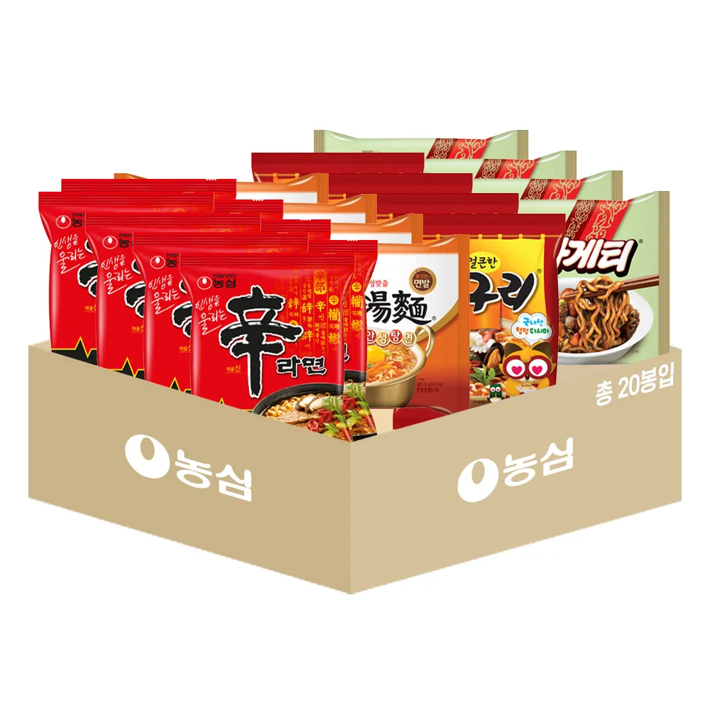 Paquete Mixto de Fideos Instantáneos Nongshim, 20 Bolsas (Nuevo Ramen 8 + Fideos Anseongtang 4 + Nuguri 4 + Zapagetti 4)