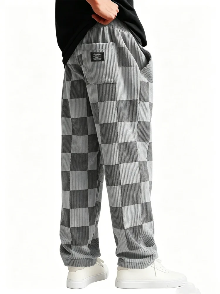 Men's Retro Corduroy Straight Pants Gray Plaid Check Print Drawstring Waist Casual Trousers
