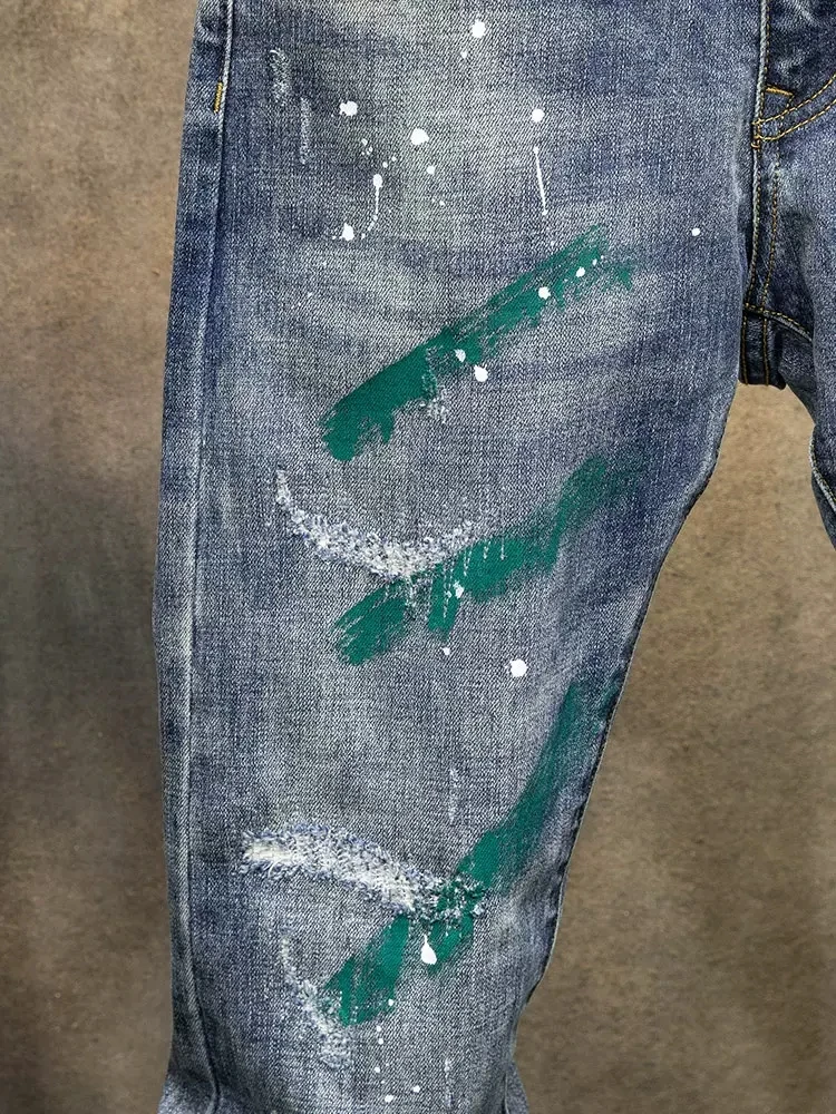 Street Fashion Men Jeans Retro Blue Elastic Stretch Skinny Ripped Jeans Men Painted Designer Hip Hop Denim Pencil Pants Hombre