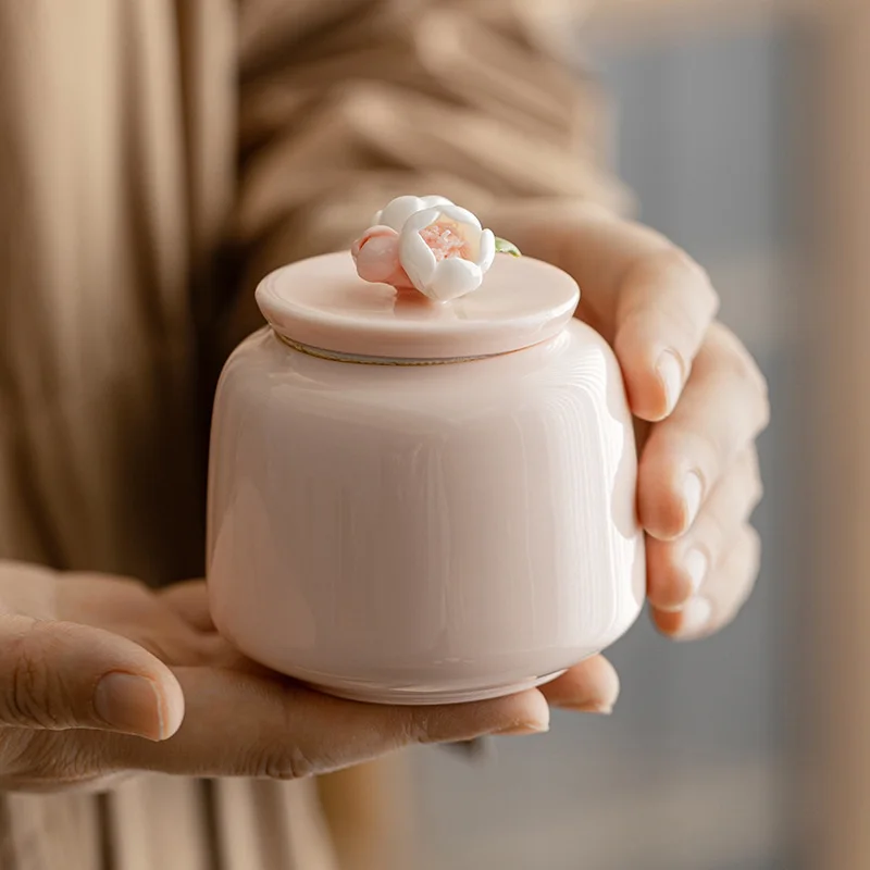 

Handmade Flower Pressed Tea Canister Home Use Sealed Ceramic Black Tea Storage Jar Moisture-Proof Small Jar Tea Canister