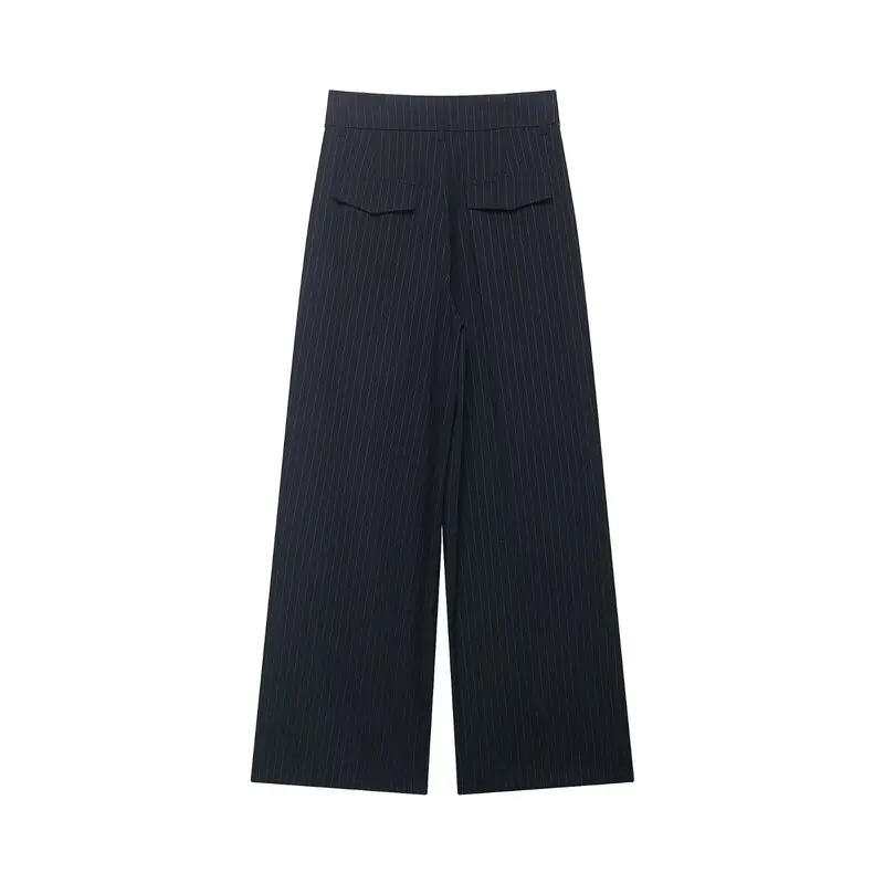 Spring Summer 2026 Women's Fashionable Buttoned Hidden Stripe Pleated Versatile Narrow Pants Commute Style Wide Leg Trousers