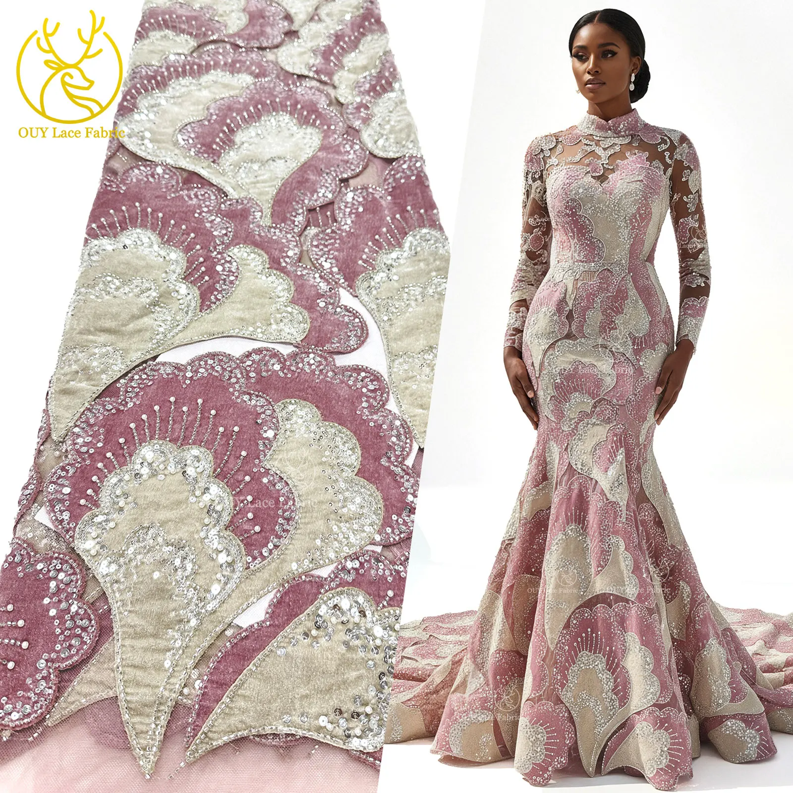 

Latest Velvet Petal Sequined Lace Fabric 2026 High-Quality African Beaded Tulle Lace Fabric Wedding Party Dress Sewing Material