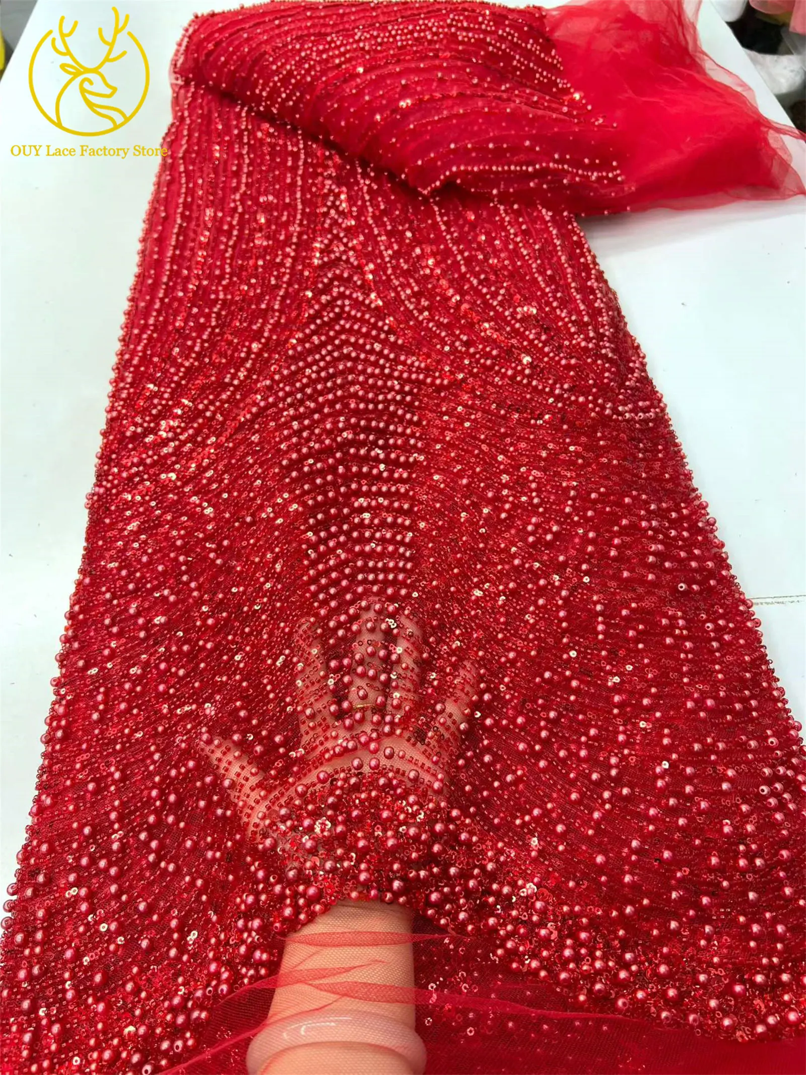 Rosa afrikanischer Perlen-Spitzenstoff 2026, eleganter französischer Pailletten-Spitzenstoff, modischer nigerianischer Tüll-Spitzenstoff für Partykleider – Detail 10