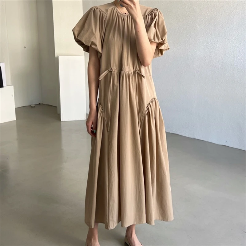 REALEFT Summer Vintage Puff Sleeve Women\'s Long Dresses 2024 New O-Neck Korean Straight Casual Loose Dresses Female
