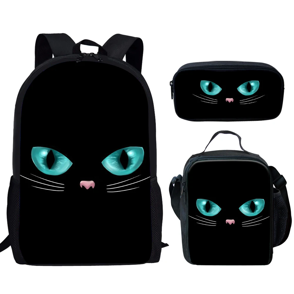 Black Cat Design 3Pcs School Bags Set for Teen Boy Girls Schoolbag Casual Backpack for Student Bookbag Large Capacity Backpack