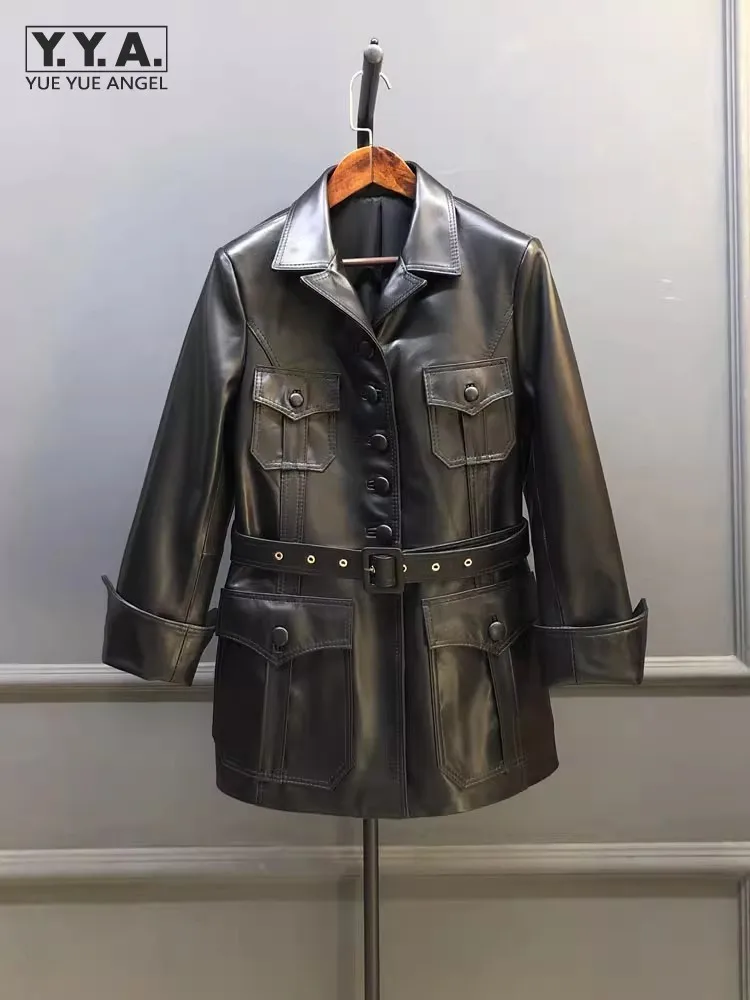 Punk Women Genuine Leather Jacket Autumn Single Breasted Slim Fit Retro High Street Real Sheepskin Medium Long Windbreaker Coat