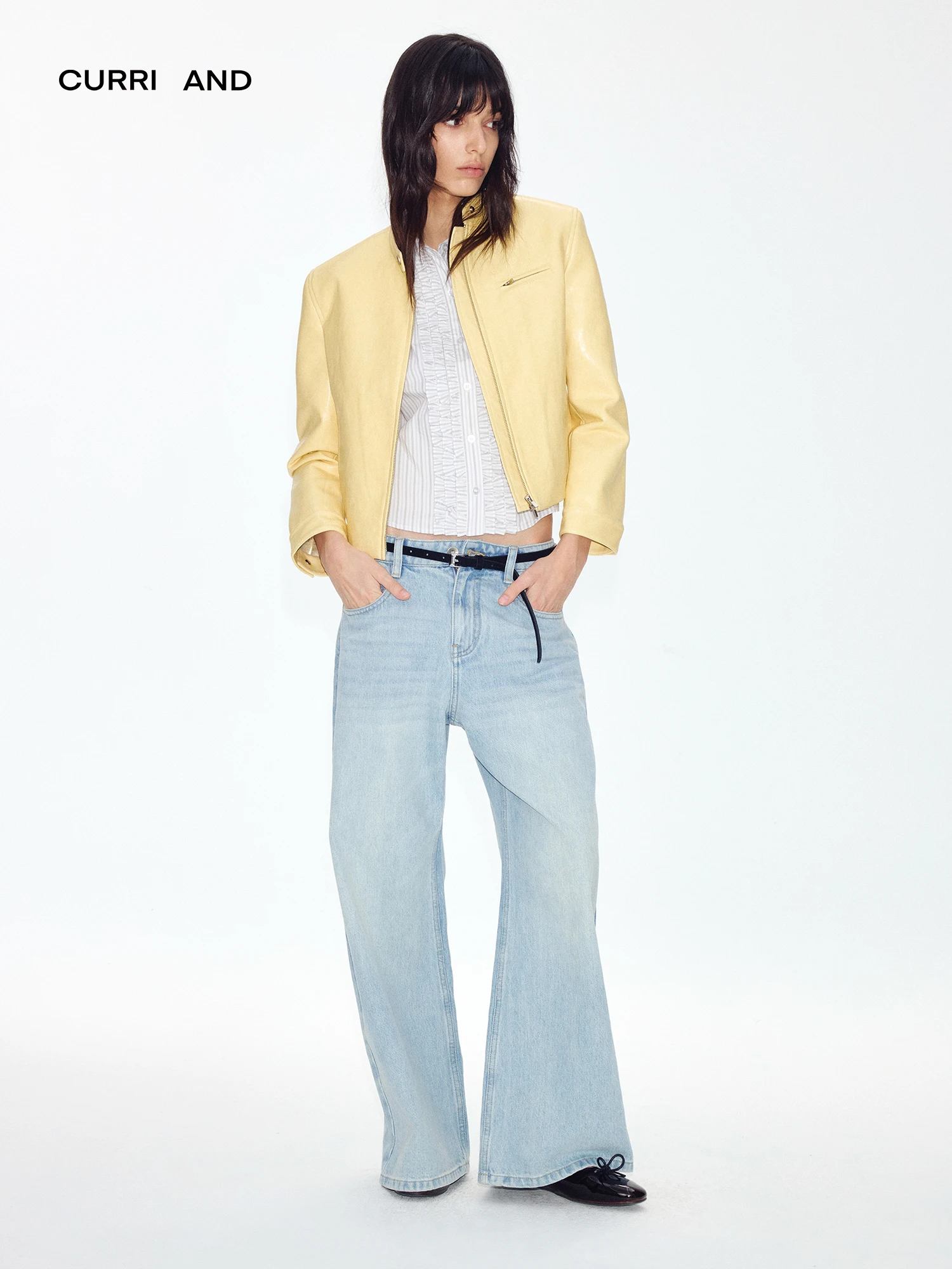 เสื้อแจ็คเก็ตหนังสีเหลืองทรงสลิมฟิต คอปกแบบมอเตอร์ไซค์  ซิปแบบคลาสสิก  แฟชั่นสไตล์เรโทร  สำหรับผู้หญิง