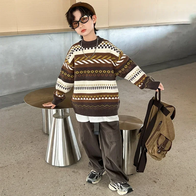 

Autumn winter Pullover Sweater Knit Pattern Warm Sweatshirt Children's Clothing Fashion Vintage Boys Sweater Soft Knitwear Boys'