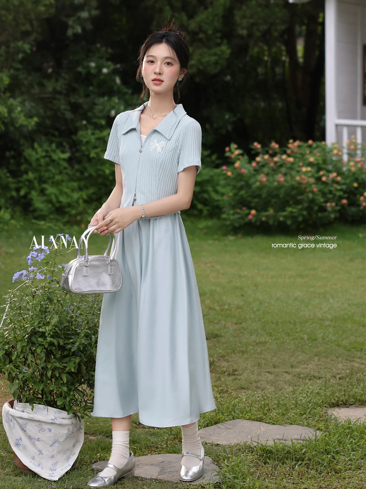 

ALXNAN Women's Long Dress Blue Fake Two-piece Short Sleeve Dress 2025 Summer Casual Elegant A-line Holiday Female Clothes L56076