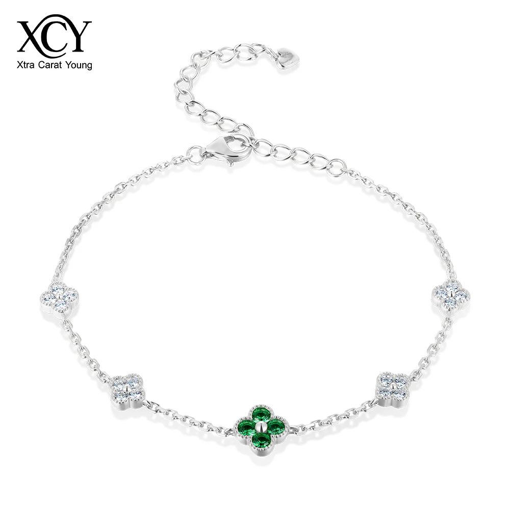 XCY Lucky Leaf Clover Bracelet for Women Simulated Emerald & Moissanite Diamond Bracelets Sterling Silver Luxury Jewelry Gift
