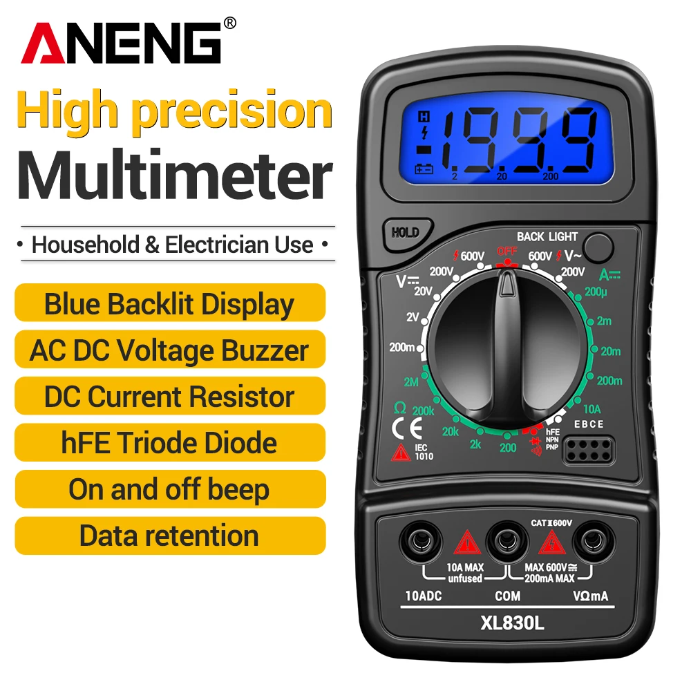 

Digital Multimeter 1999 Counts AC/DC voltage 600V ANENG XL830L Diode Continuity Buzzer hFE Transistor Test Electrician Home Use