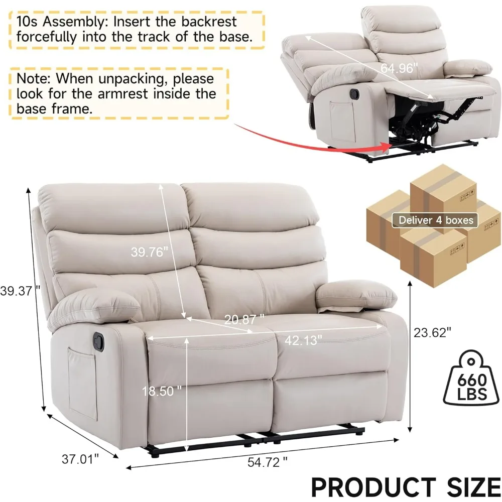 Recliner Sofa, Small Sofa Couch, PU Leather Reclining Sofa 2-Seater Manual Double Seater Recliner with Side Pockets