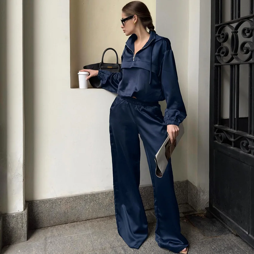 

Темно-синее осеннее женское пальто из двух предметов с завязками на полумолнии и эластичными манжетами, пальто для женщин, прямые женские брюки с высокой талией