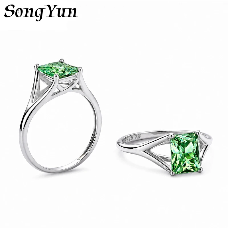SONGYUN Moissanite Diamond Jewelry Womens S925 Sterling Silver Colorful Radiant Cut Hollow Full Moissanite Solid Band Ring