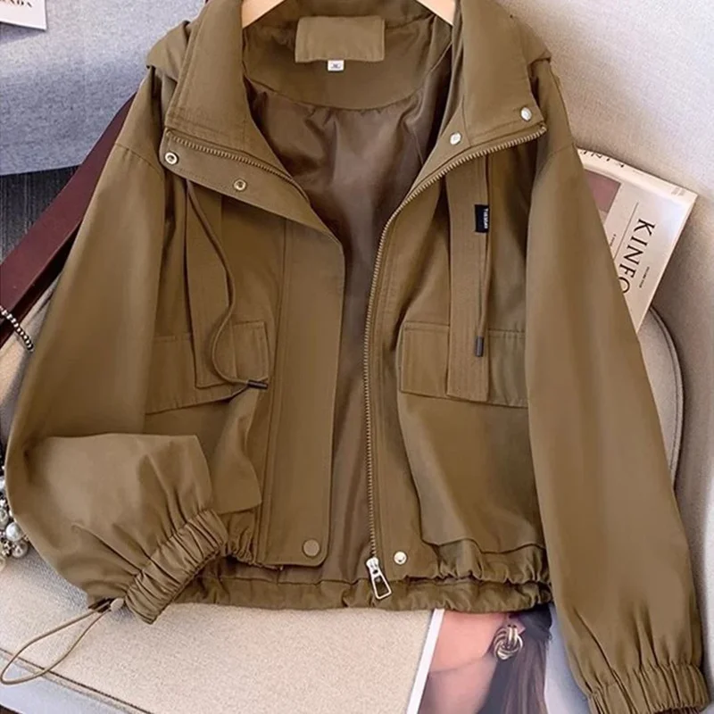 Hooded Windbreaker Jacket Women Casual Loose Drawstring Hem Multi Pockets Zipper Snap Button Outdoor Short Coat Outerwear