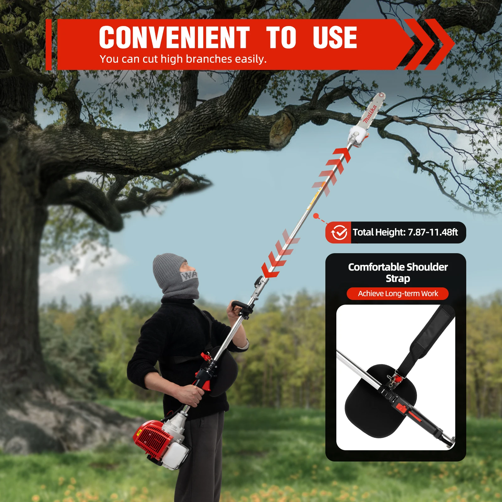 43CC 2 Stroke Reach Saw Pruner Gas Pole Chainsaw Tree Trimmer 16 Inches Cordless with Carry Bag 1250W